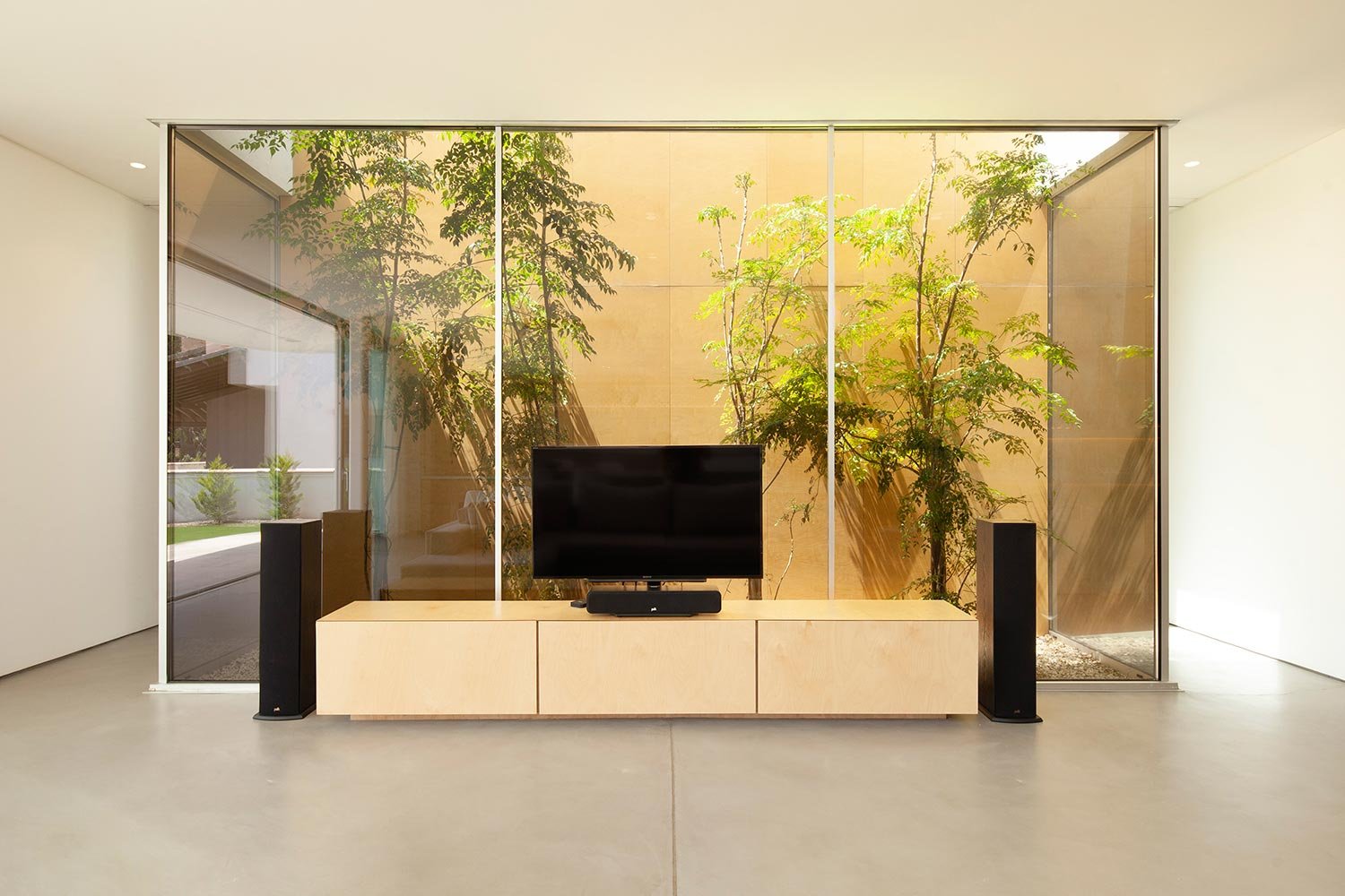 Indoor glass atrium with tv unit and timber cladding with birch